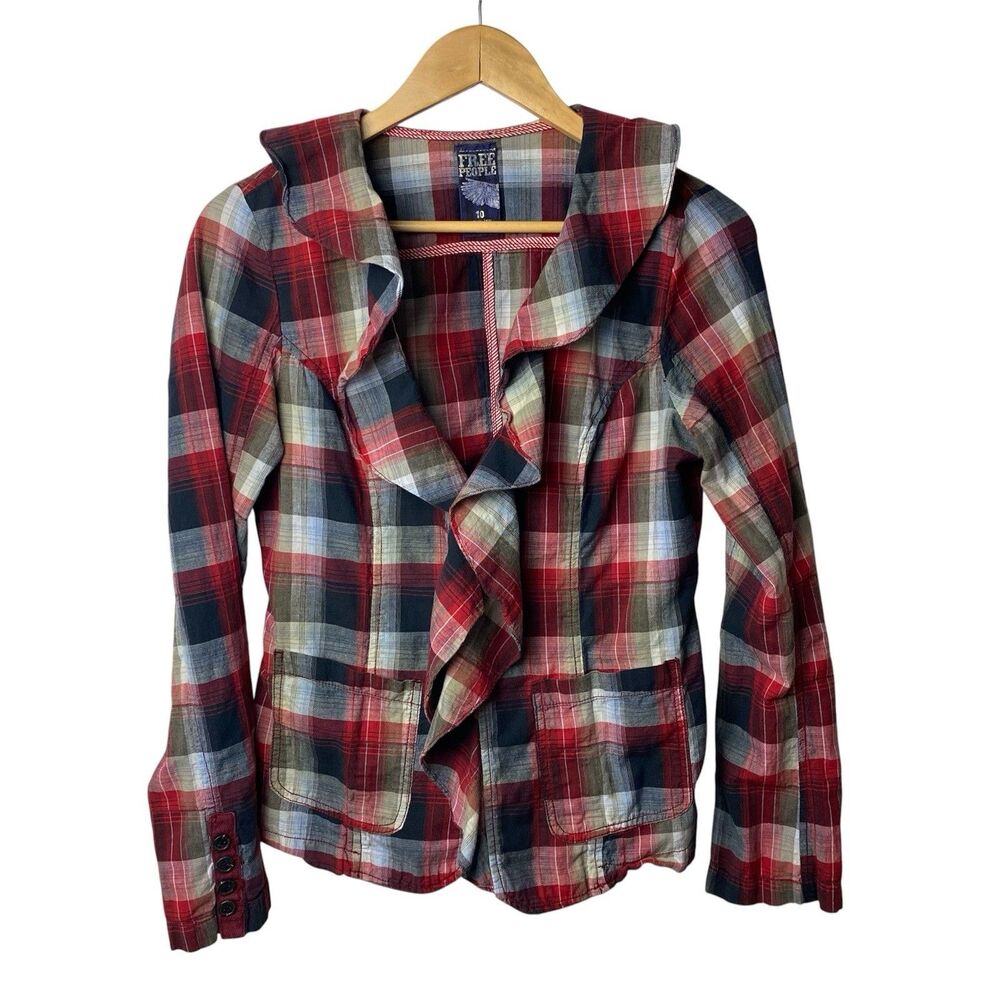 Free People Liberty Plaid Ruffle Jacket Blazer Red Black Boho Womens 10 Cottage